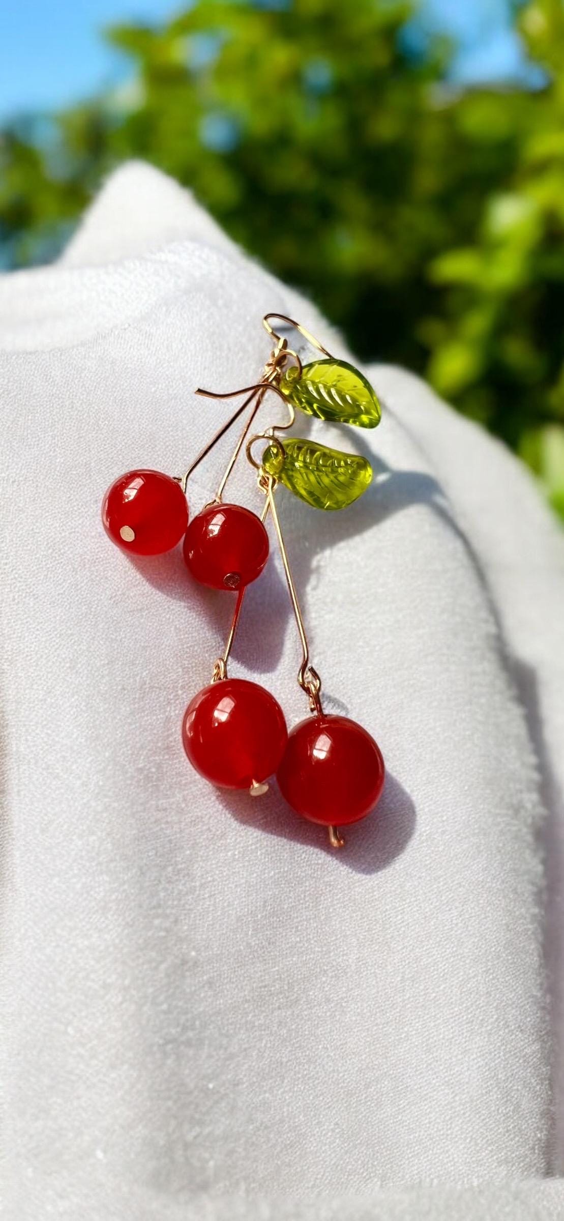 Cherry Drop Earrings – Handmade Fruit Dangle Earrings, Retro Kitsch Jewelry, Red Bead Earrings with Green Leaf, Long Statement Earrings