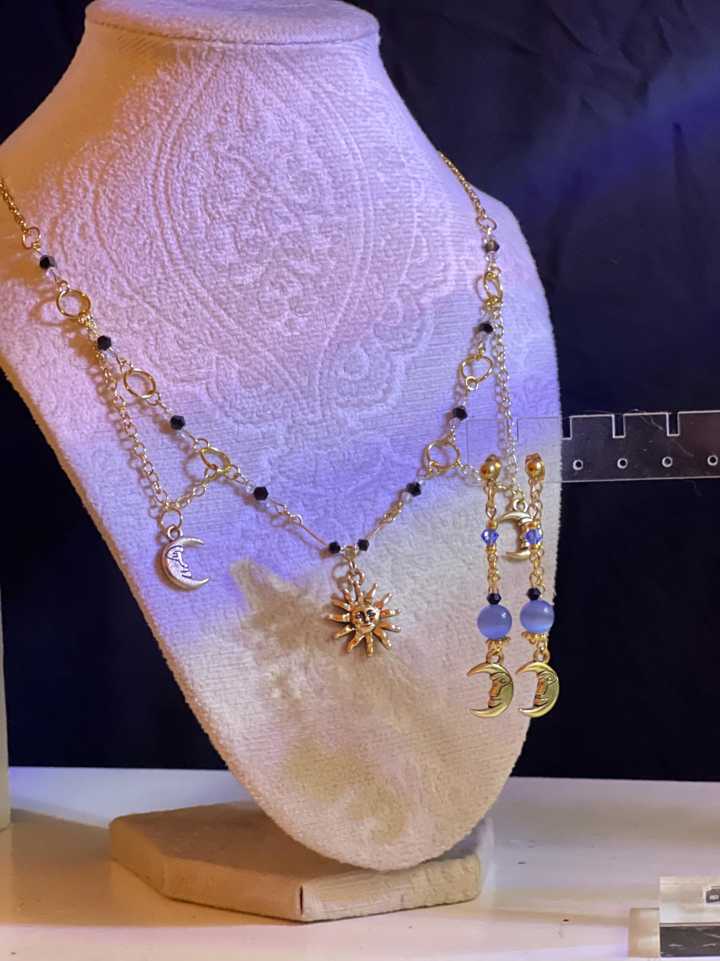 Gold Plated Moon and Sun Necklace and Earrings Set