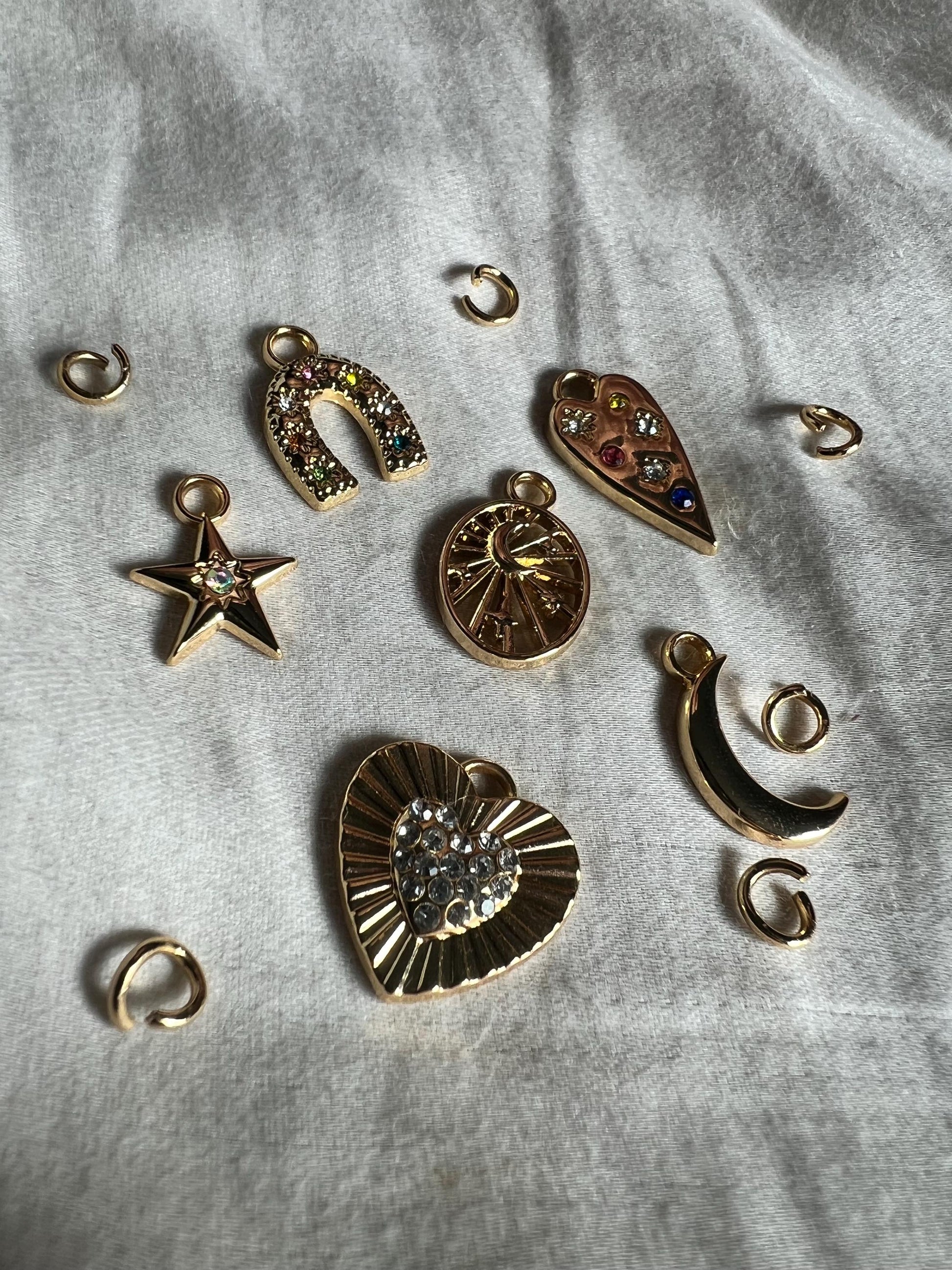 Pearl Gold Plated Charm Necklace with Multiple Charm Choices, Moon, Star, Horseshoe, Heart