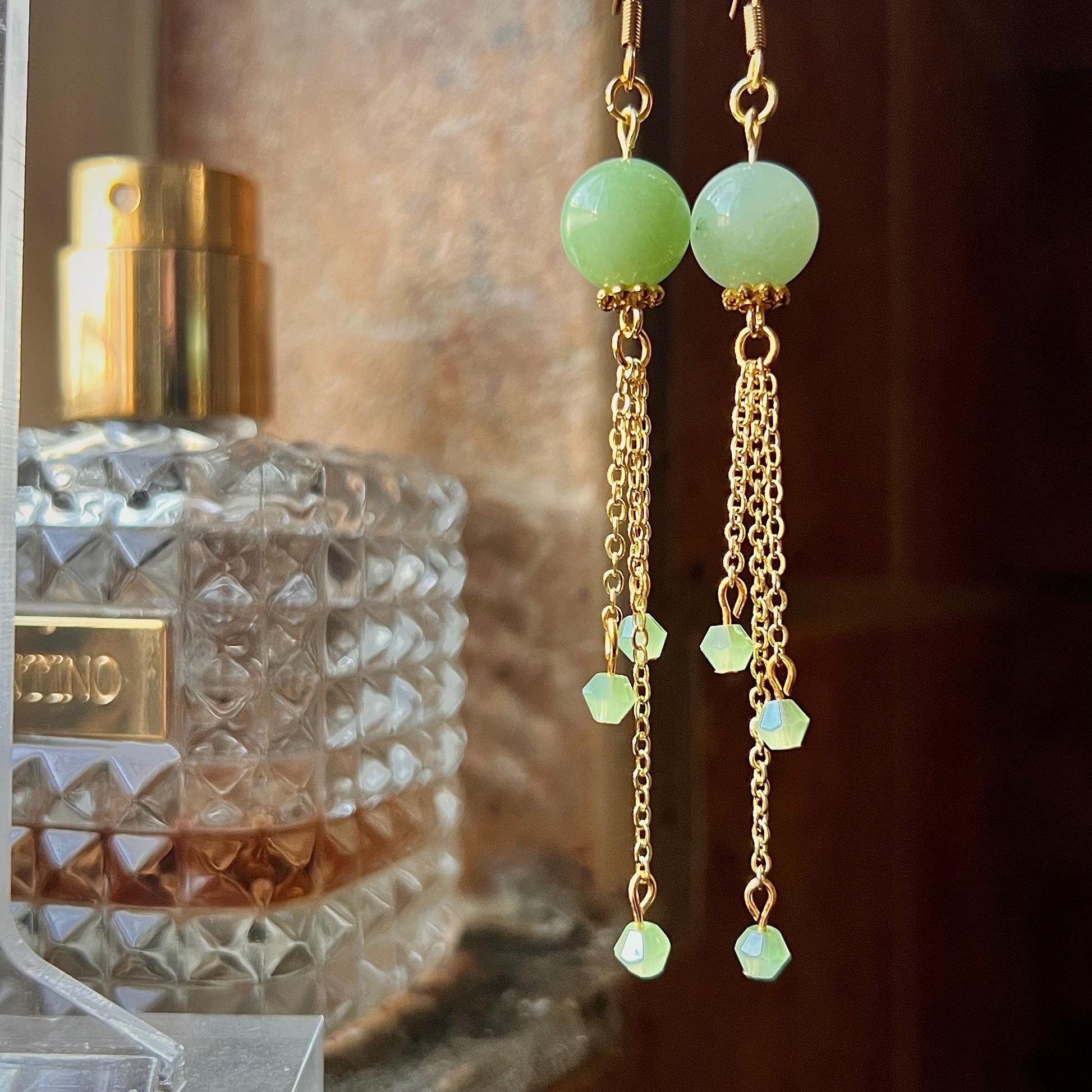 Gold Plated Amazonite Dangle Earrings – Elegant Green Gemstone with Delicate Chain