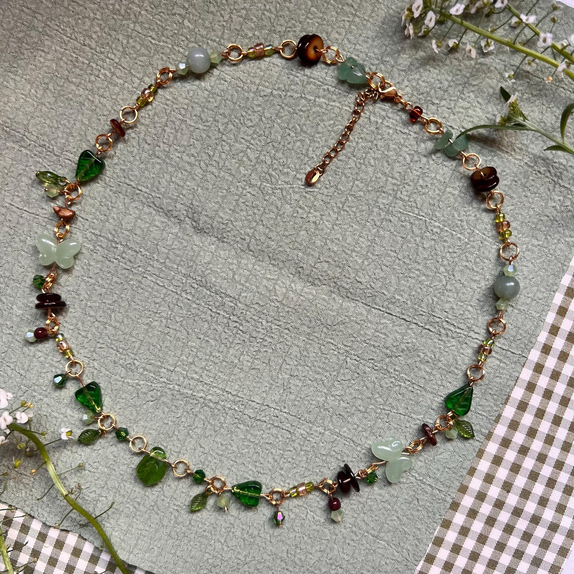 Fairycore Green Beaded Necklace – Handmade Gold-Plated Jewelry with Butterflies