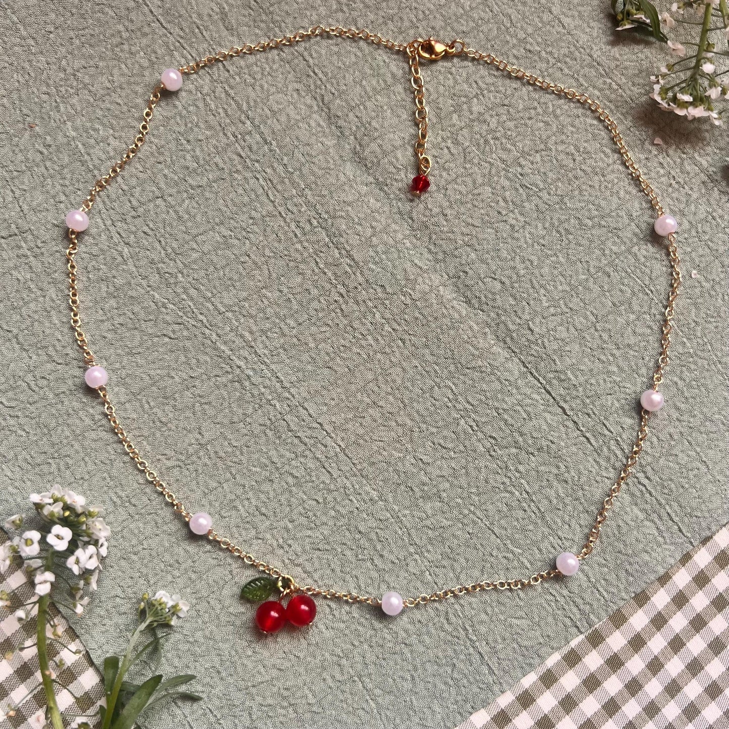 Cherry Necklace – Handmade Gold-Plated Necklace with Pearls And Cherry Charm