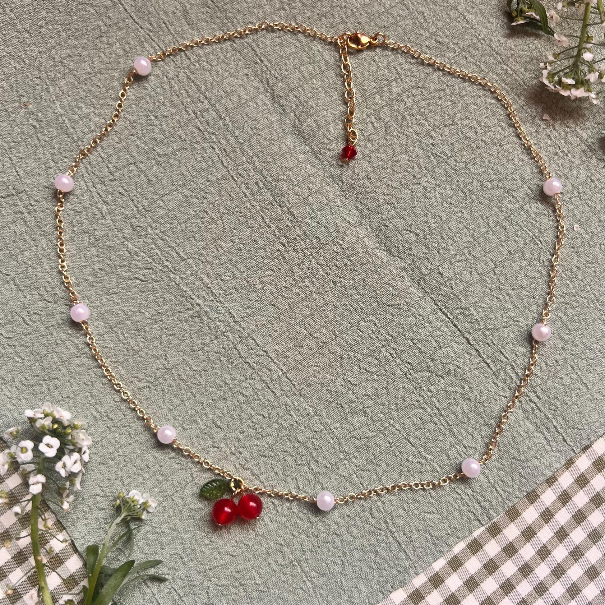 Cherry Necklace – Handmade Gold-Plated Necklace with Pearls And Cherry Charm