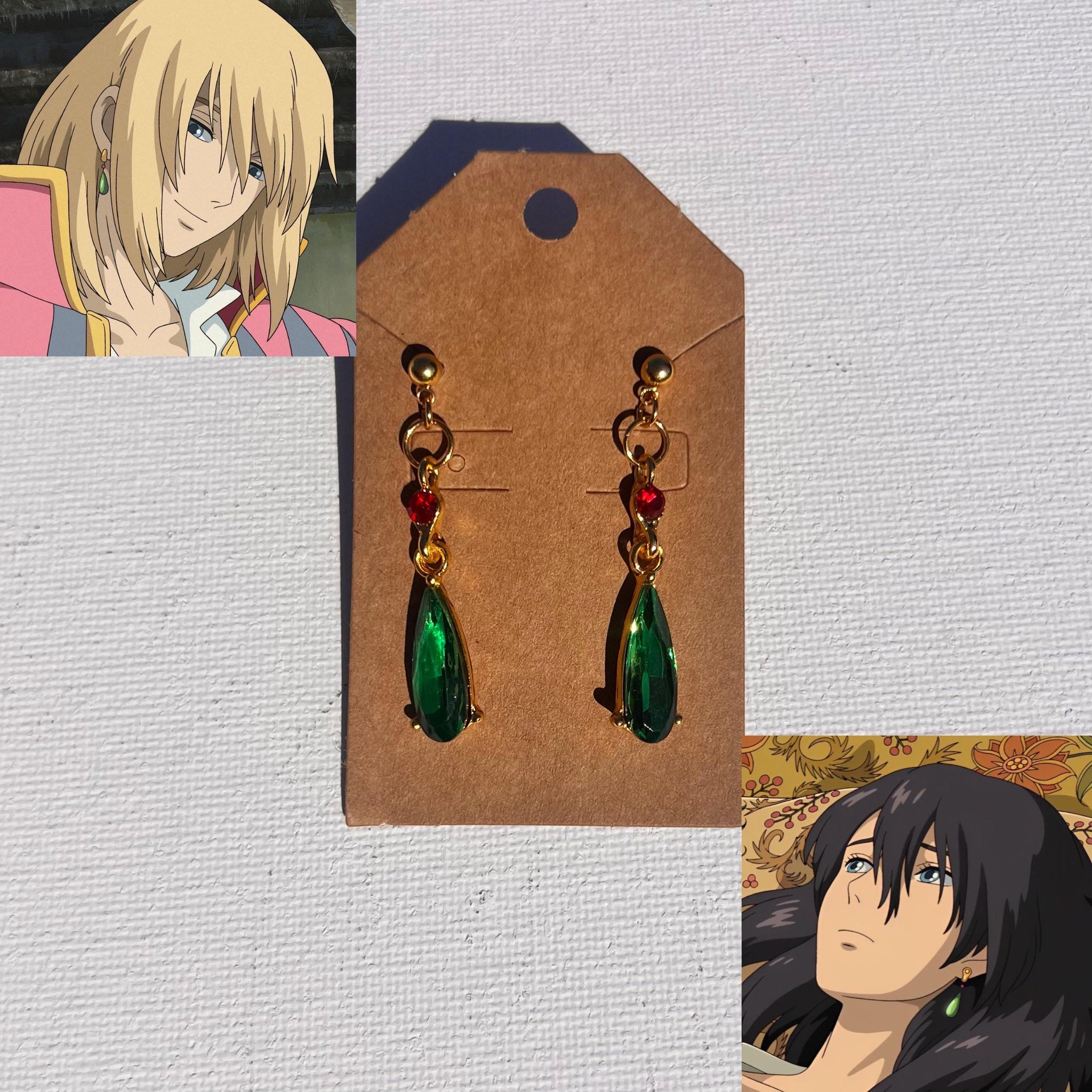 Howl-Inspired Gold-Plated Green Crystal Drop Earrings – Howl’s Moving Castle Jewelry