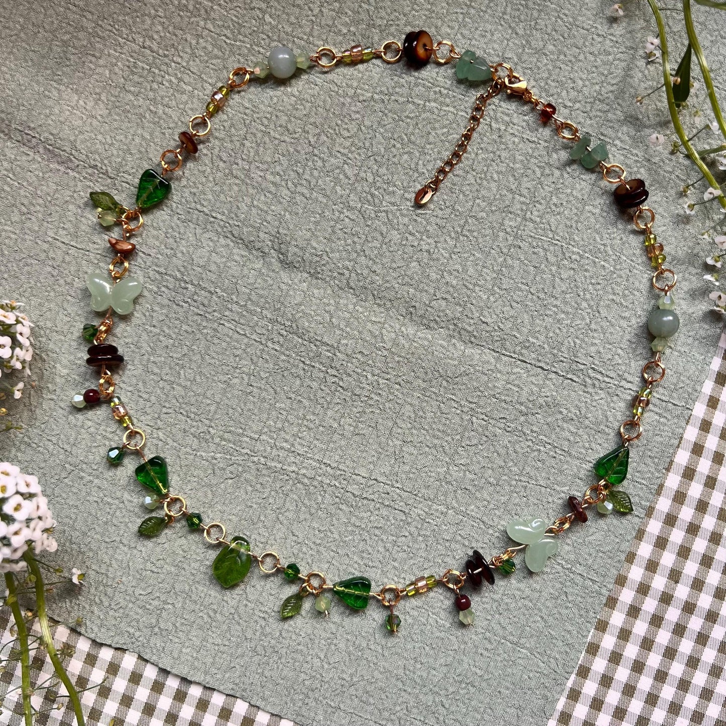 Fairycore Green Beaded Necklace – Handmade Gold-Plated Jewelry with Butterflies