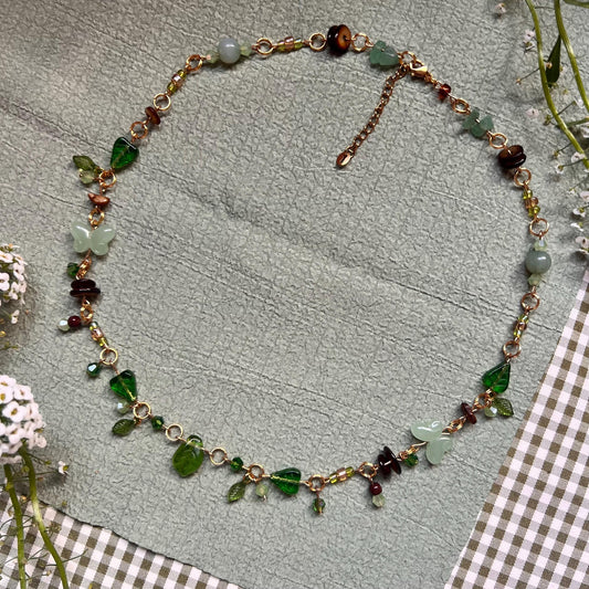 Fairycore Green Beaded Necklace – Handmade Gold-Plated Jewelry with Butterflies