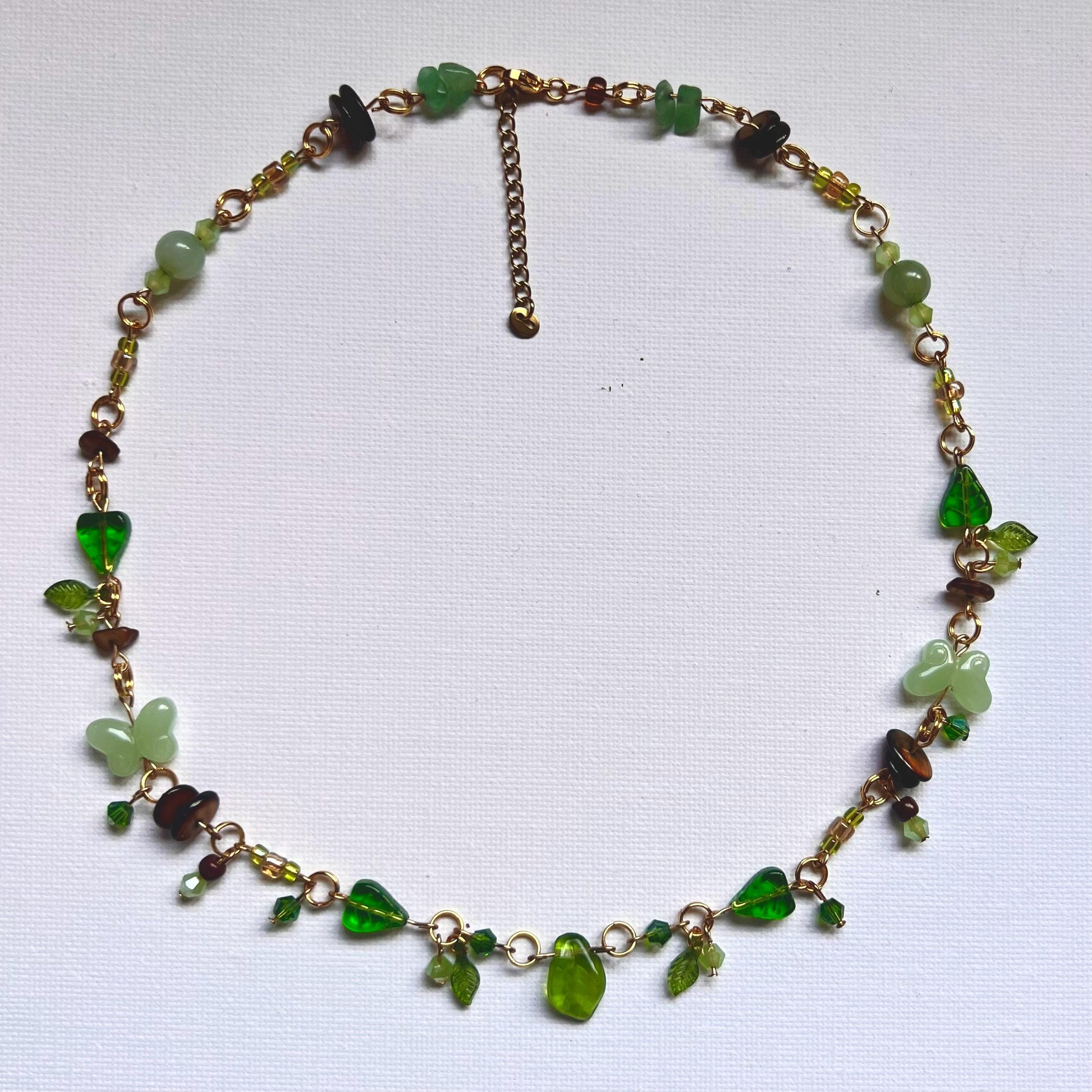 Fairycore Green Beaded Necklace – Handmade Gold-Plated Jewelry with Butterflies