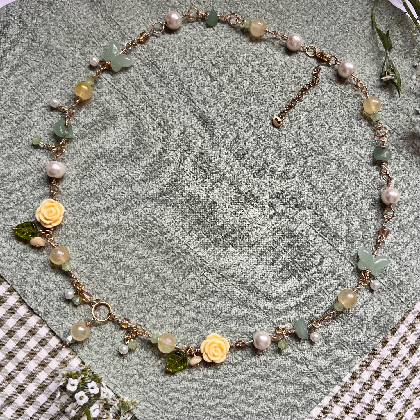 Enchanted Fairy Tinkerbell Necklace with Yellow Roses and Green Leaves