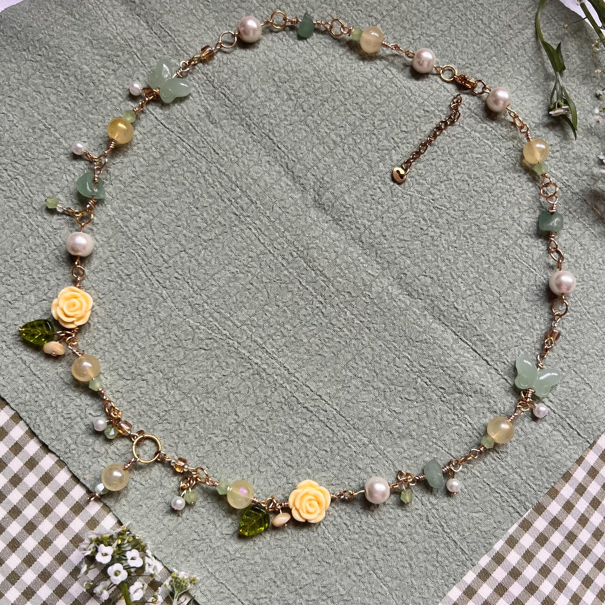 Enchanted Fairy Tinkerbell Necklace with Yellow Roses and Green Leaves