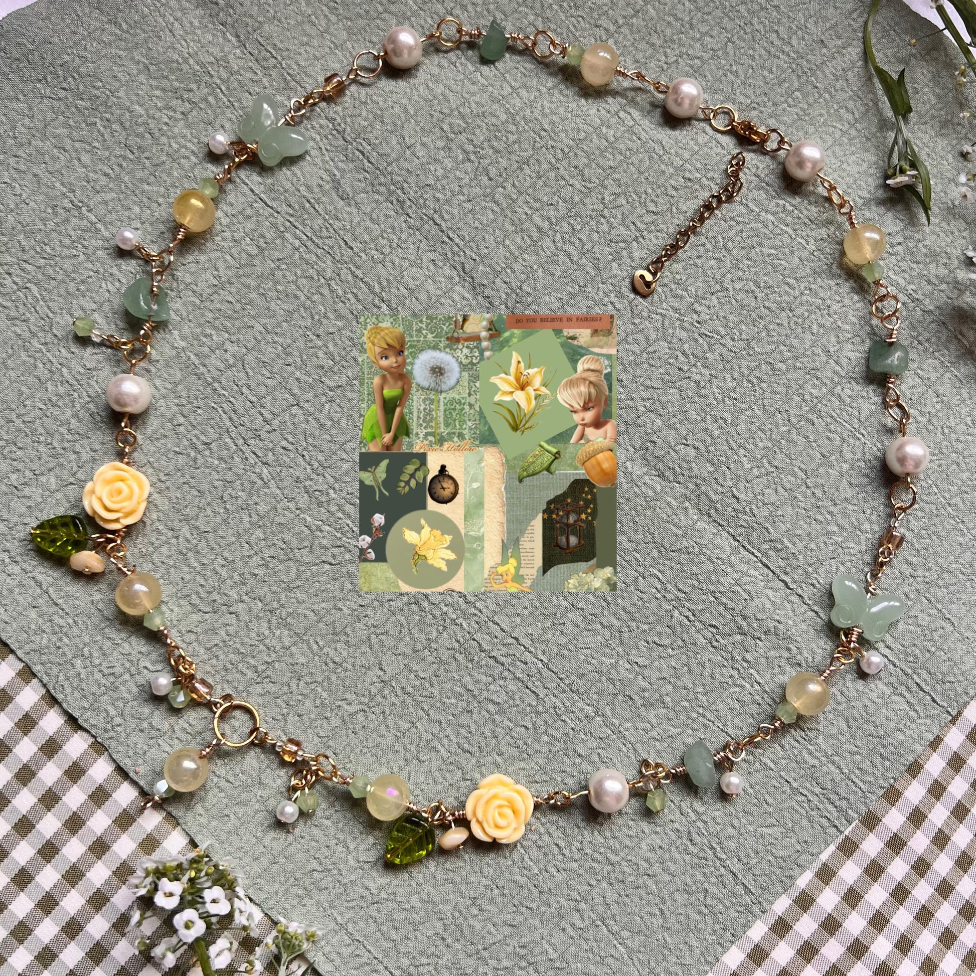 Enchanted Fairy Tinkerbell Necklace with Yellow Roses and Green Leaves