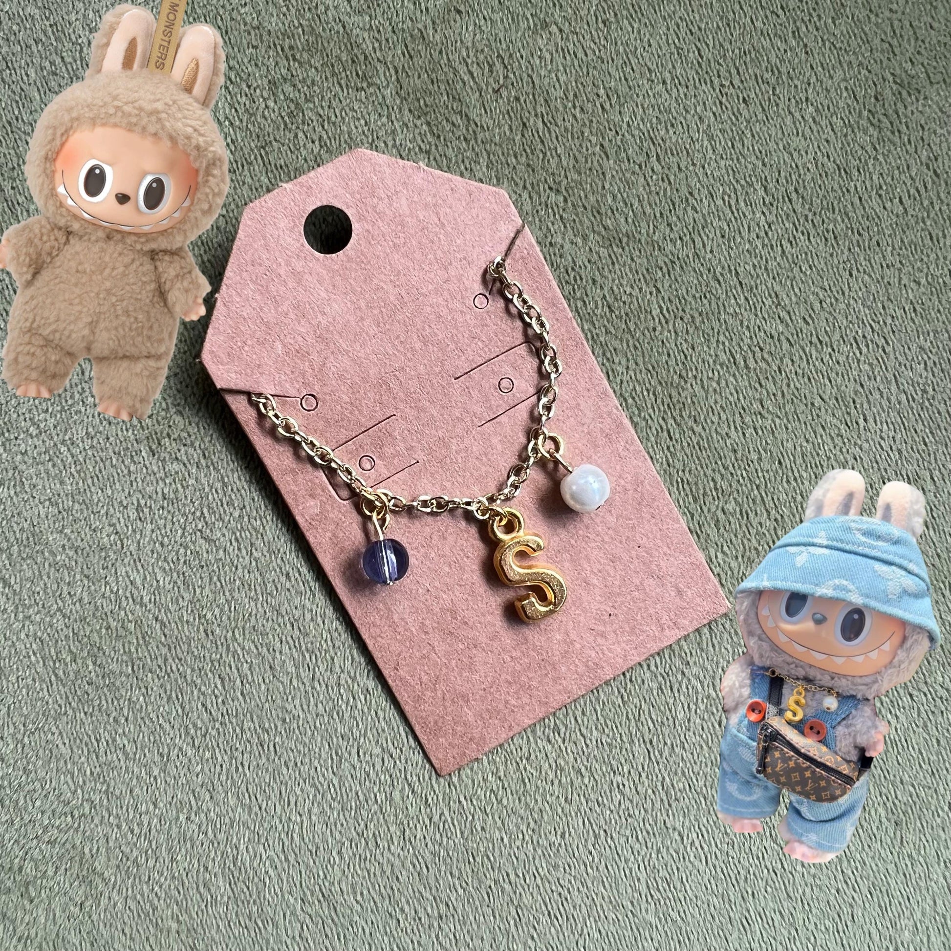 Mini Custom Charm Necklace for Labubu Dolls – Mini Doll Jewelry with Gold or Silver Chain, Personalized with Initial + Charms