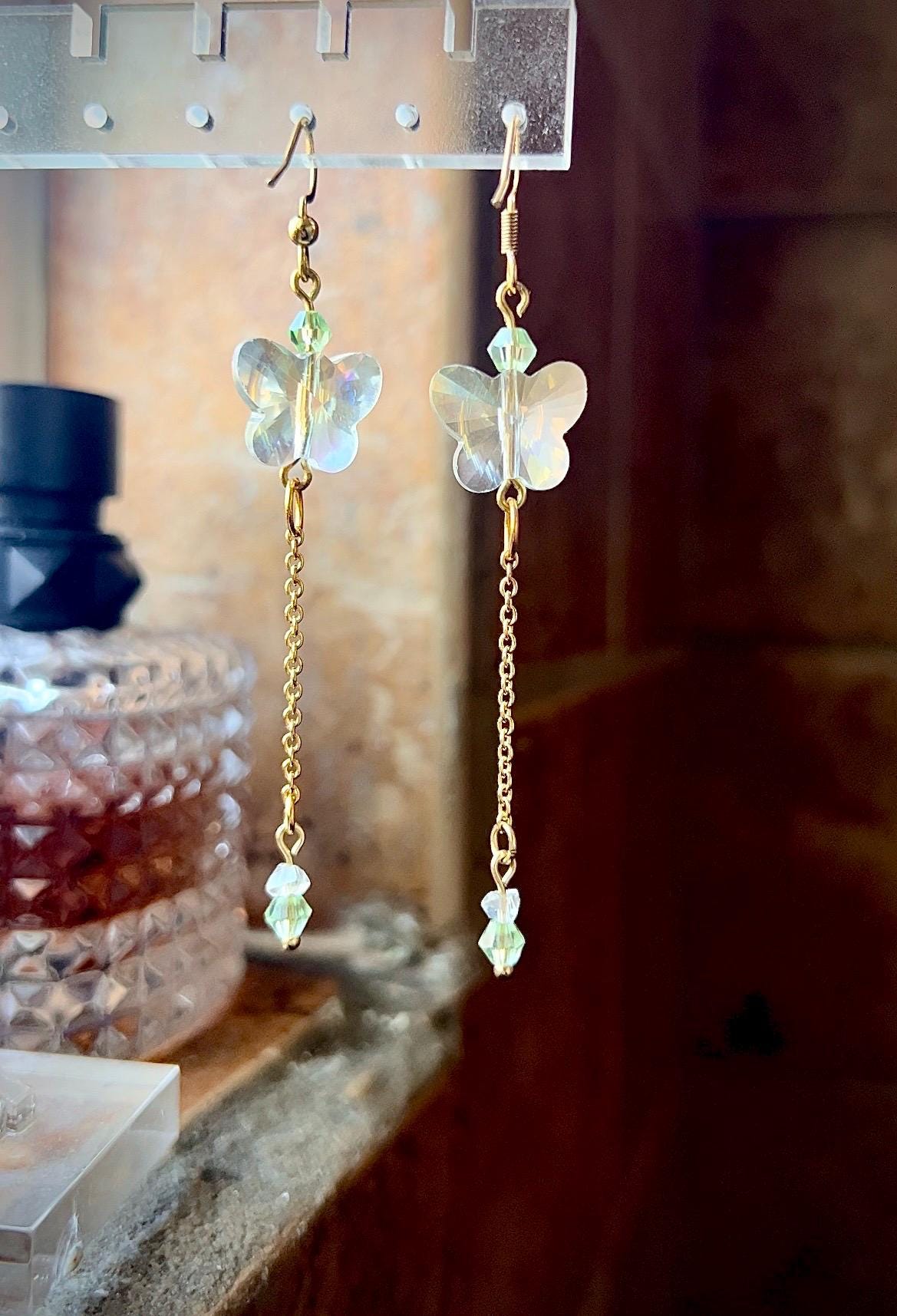 Glass Butterfly Drop Earrings: Gold-Plated Chain, Green Czech Crystal