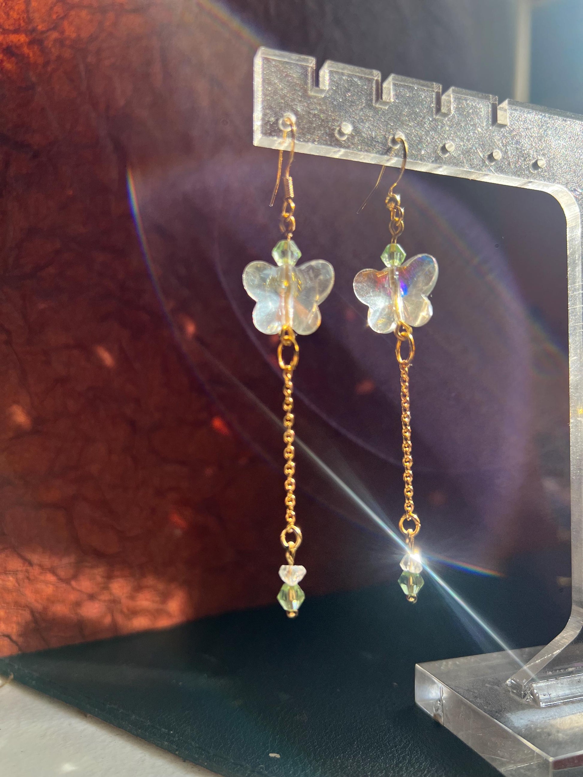 Glass Butterfly Drop Earrings: Gold-Plated Chain, Green Czech Crystal