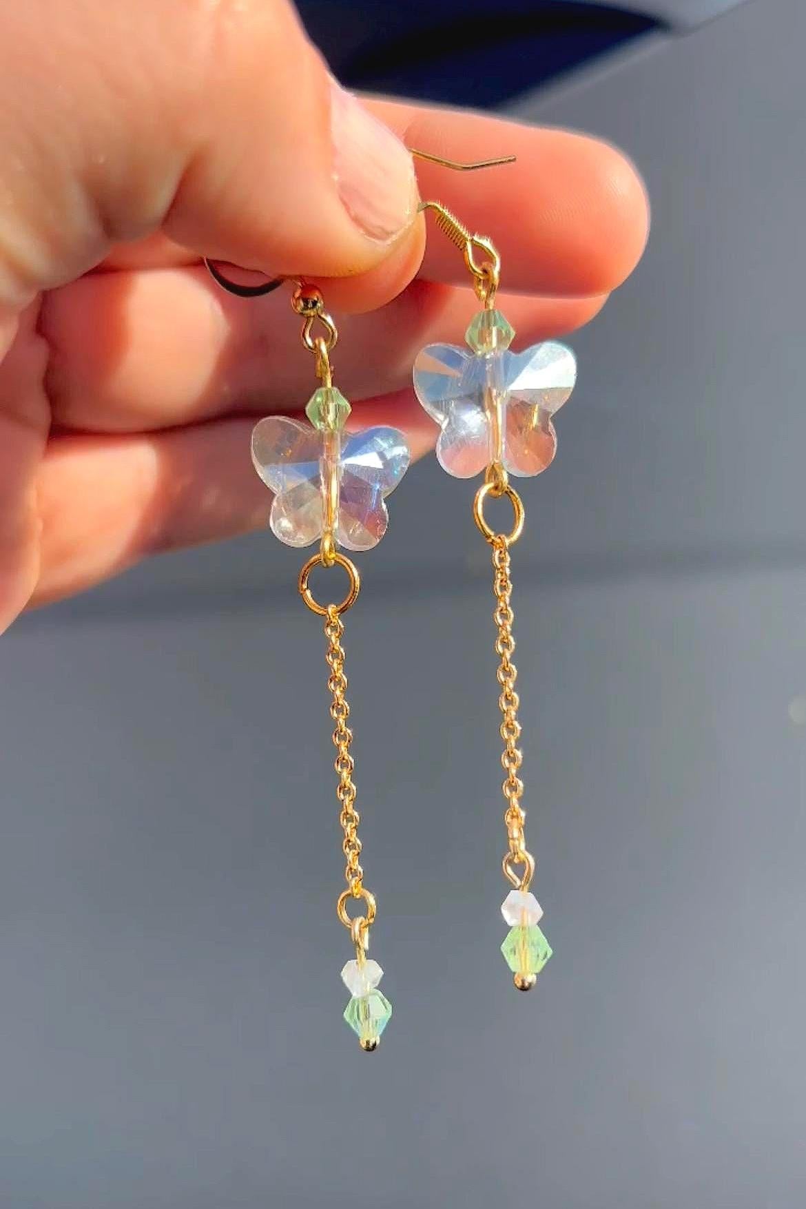 Glass Butterfly Drop Earrings: Gold-Plated Chain, Green Czech Crystal