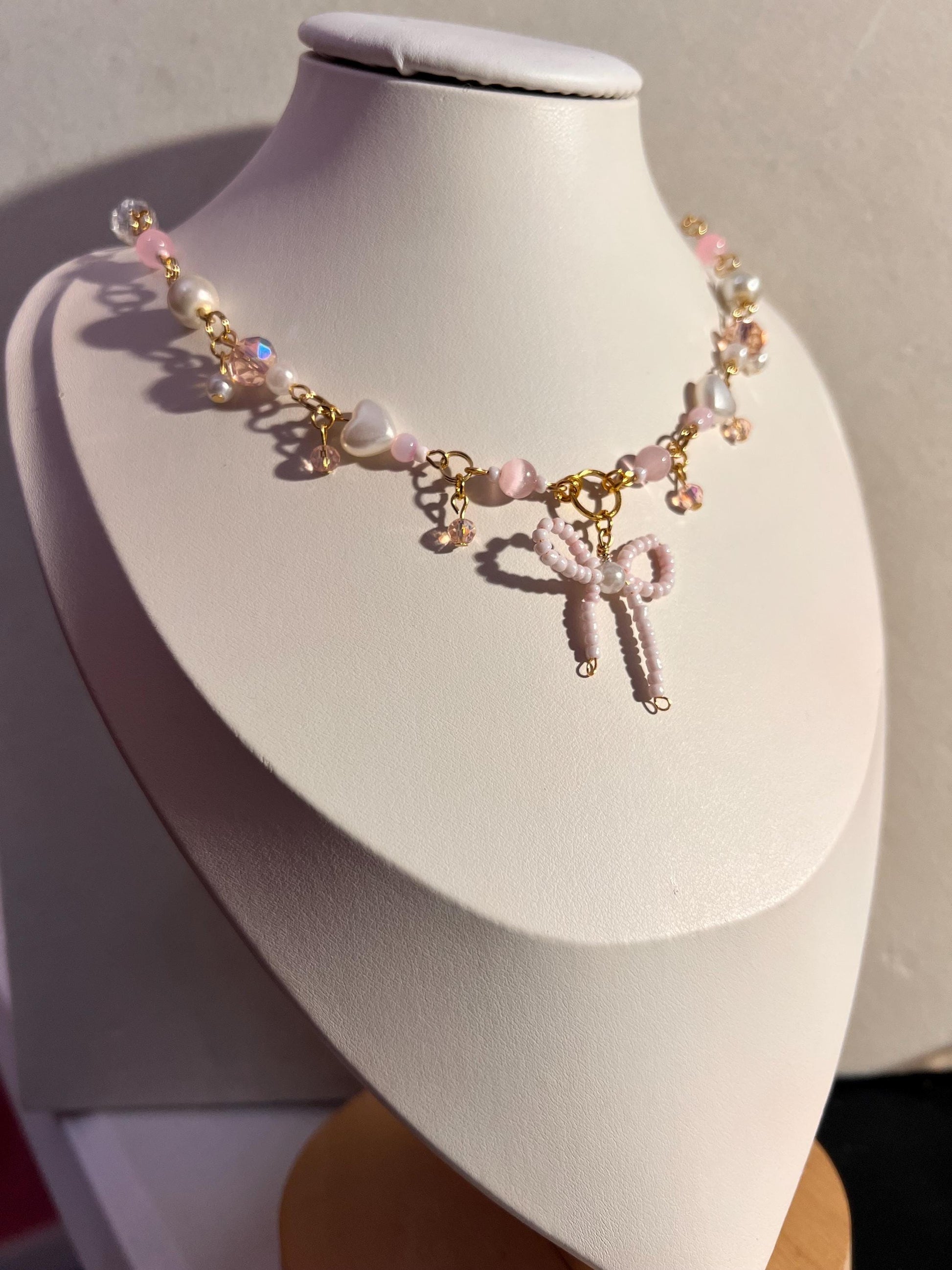 Pearl and Pink Bow Necklace, Coquette Jewelry