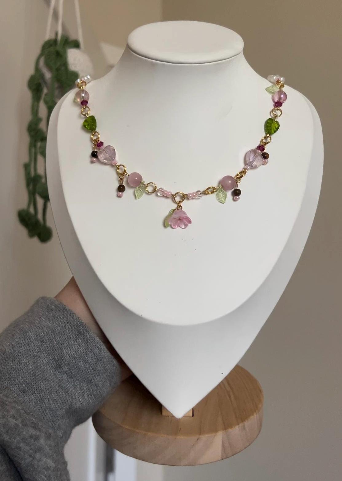 Gold Plated Pink Flower Leaf Beaded Choker – Fairycore Garden Necklace