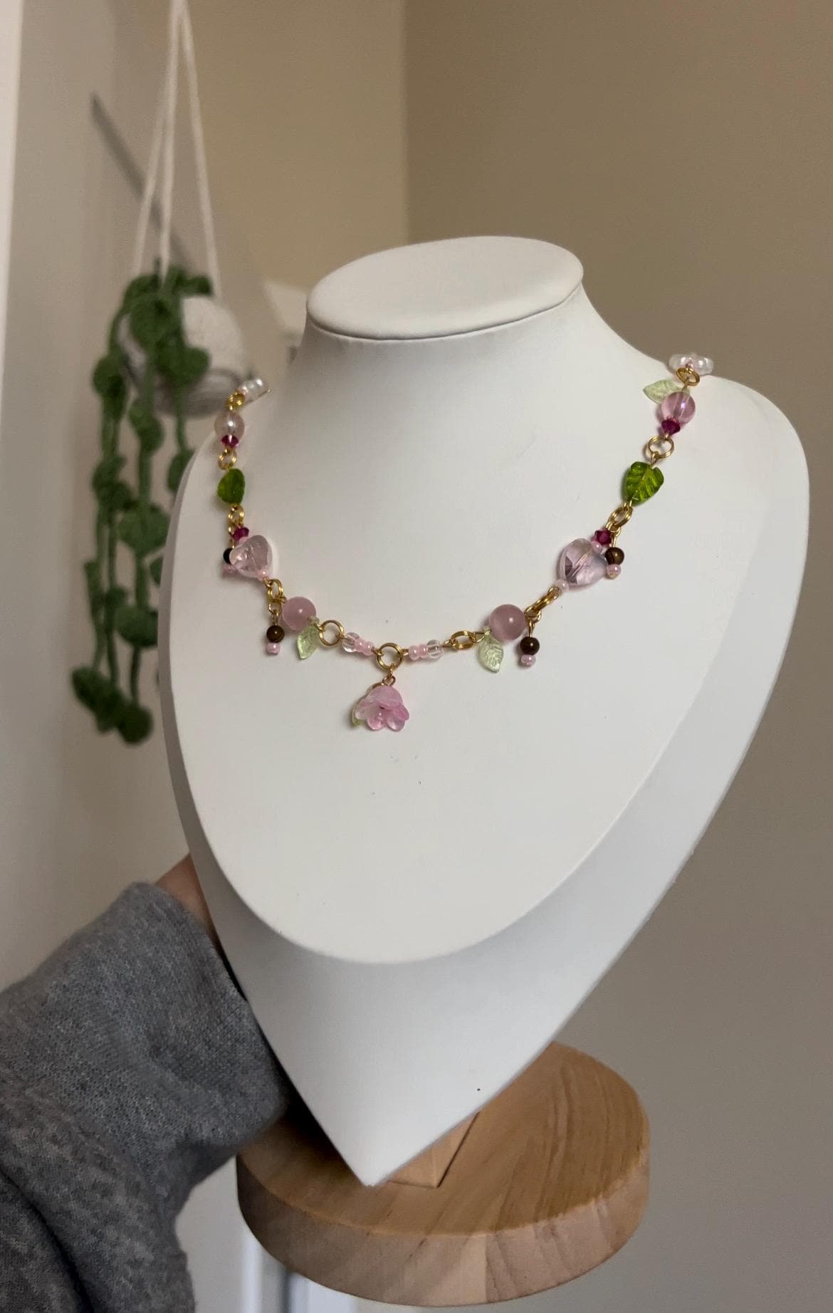Gold Plated Pink Flower Leaf Beaded Choker – Fairycore Garden Necklace