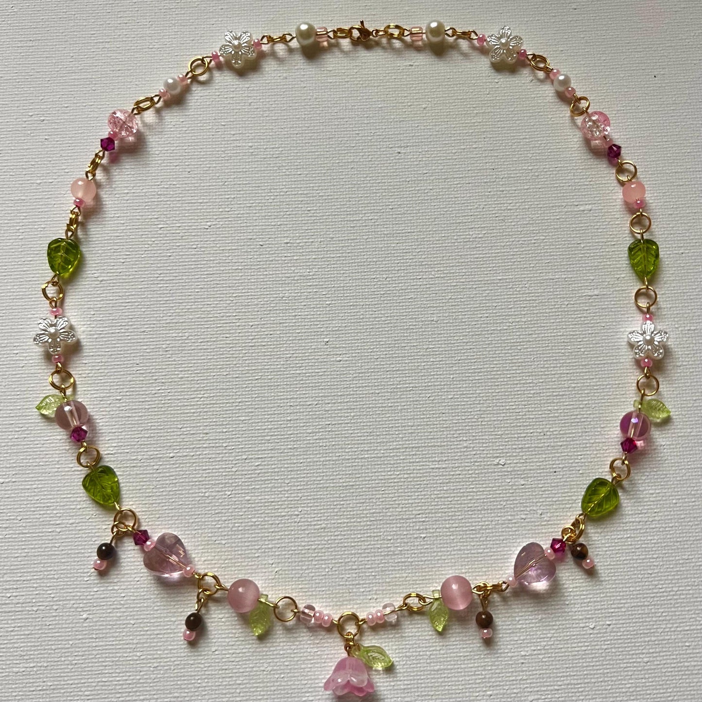 Gold Plated Pink Flower Leaf Beaded Choker – Fairycore Garden Necklace