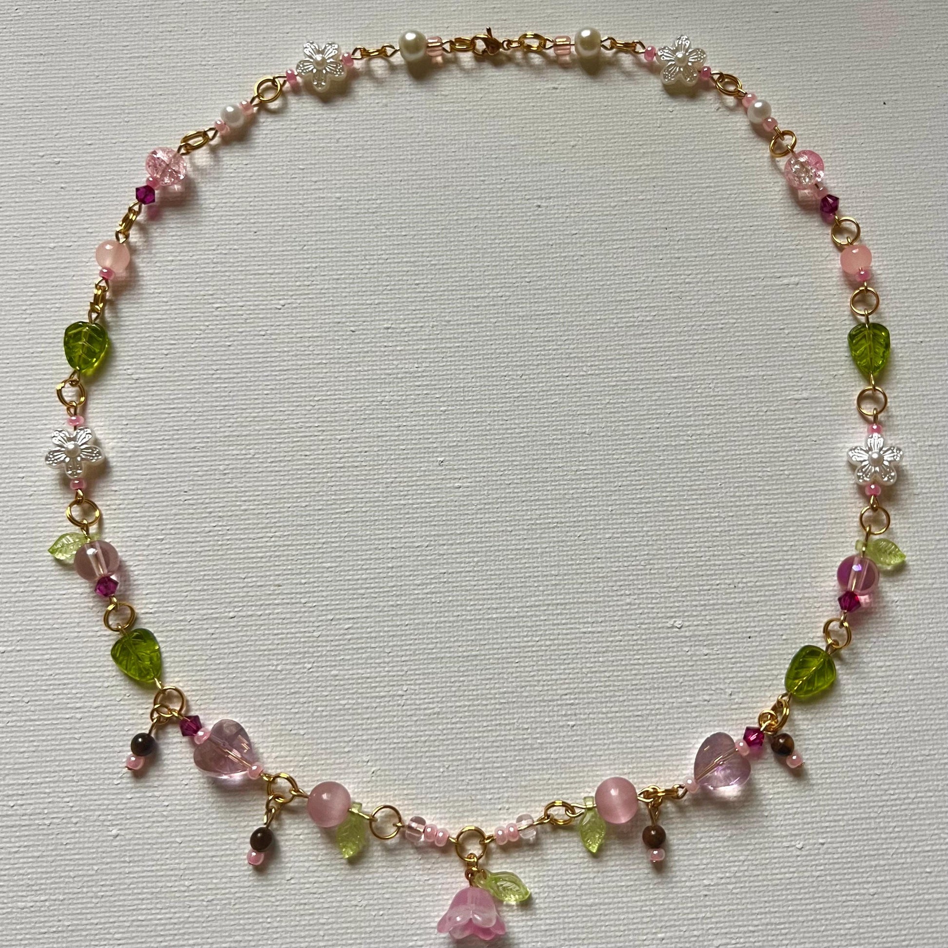 Gold Plated Pink Flower Leaf Beaded Choker – Fairycore Garden Necklace