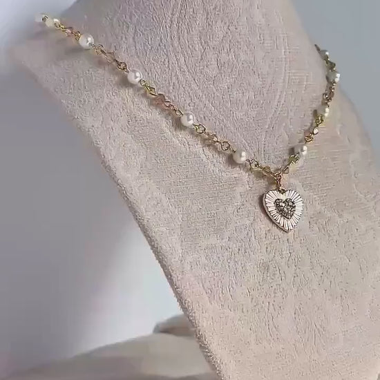 Pearl Gold Plated Charm Necklace with Multiple Charm Choices, Moon, Star, Horseshoe, Heart