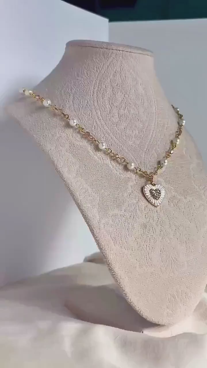 Pearl Gold Plated Charm Necklace with Multiple Charm Choices, Moon, Star, Horseshoe, Heart