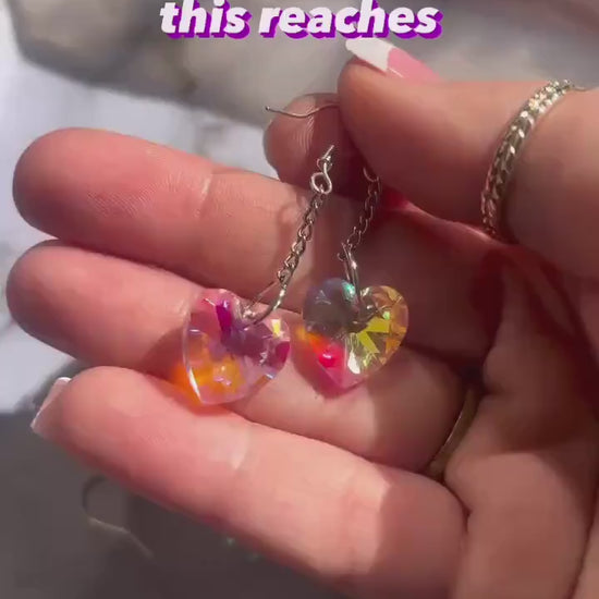 Glass Heart Dangly Earrings, Iridescent, Pink, Sparkly, Faceted