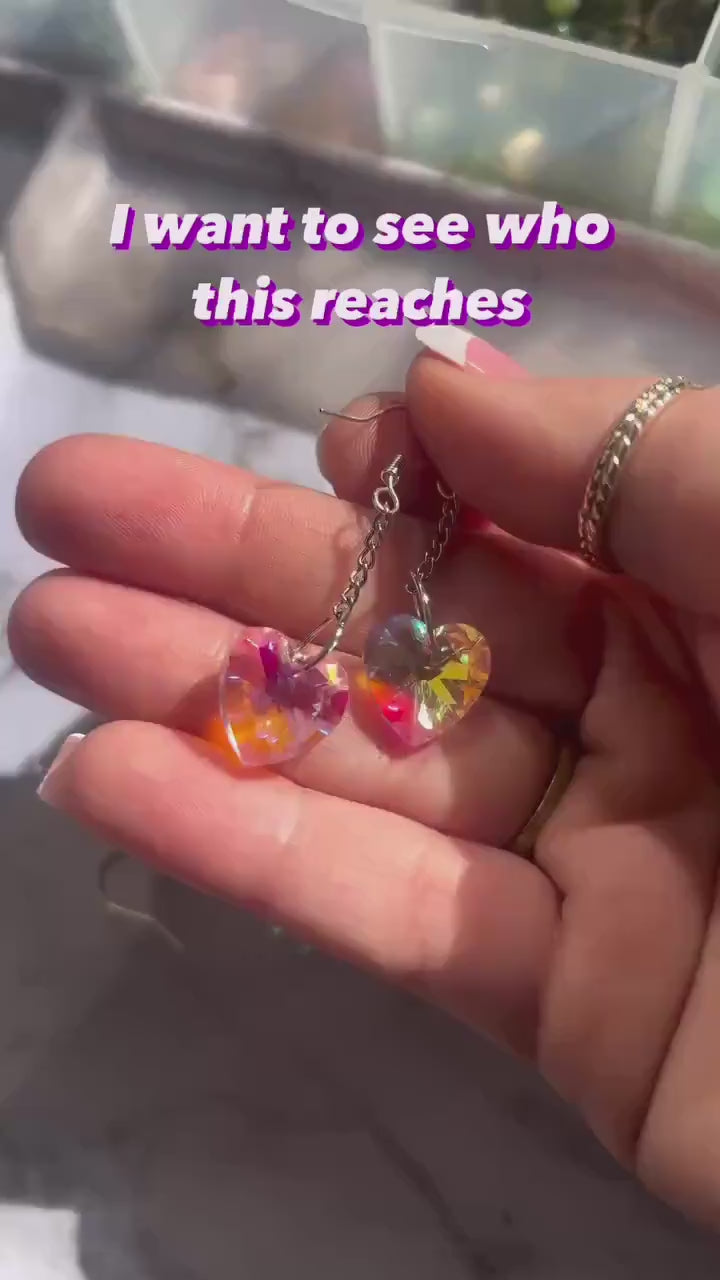 Glass Heart Dangly Earrings, Iridescent, Pink, Sparkly, Faceted