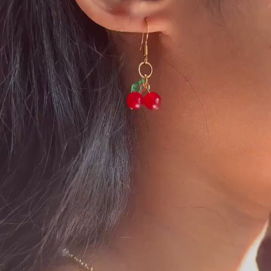 Mini Cherry Earrings – Dainty Fruit Dangle Earrings, Handmade Red Glass Bead Earrings with Green Leaf, Cute & Lightweight Jewelry