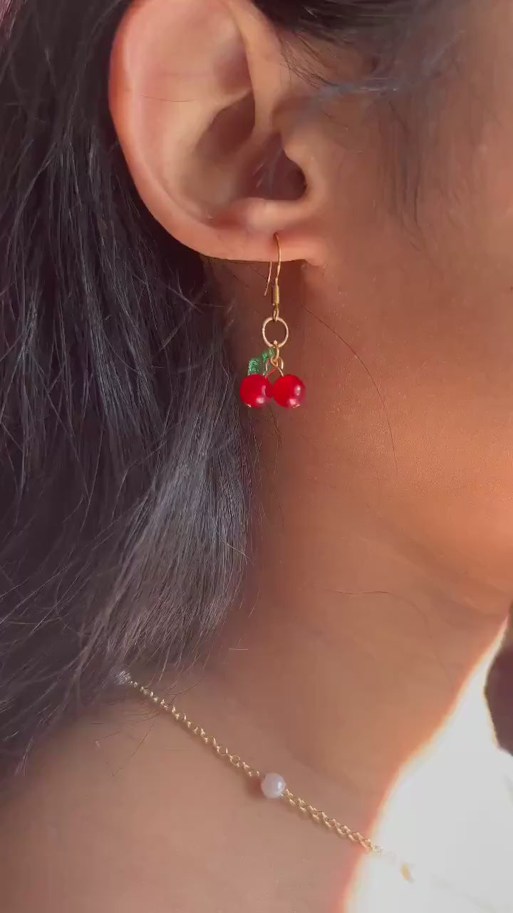 Mini Cherry Earrings – Dainty Fruit Dangle Earrings, Handmade Red Glass Bead Earrings with Green Leaf, Cute & Lightweight Jewelry