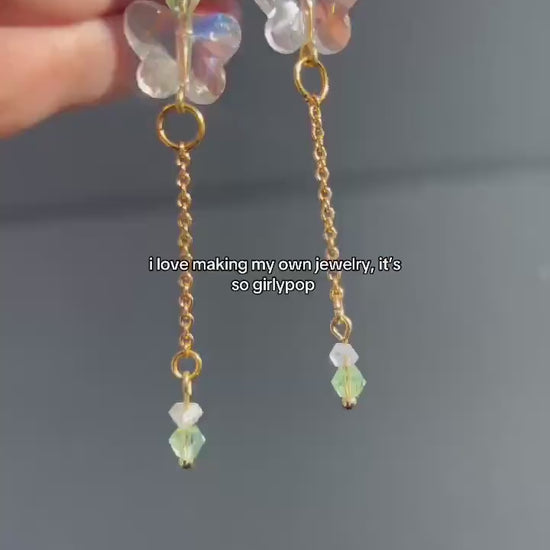 Glass Butterfly Drop Earrings: Gold-Plated Chain, Green Czech Crystal
