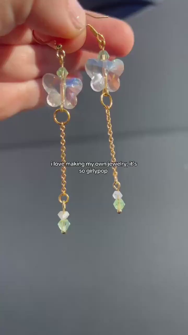 Glass Butterfly Drop Earrings: Gold-Plated Chain, Green Czech Crystal
