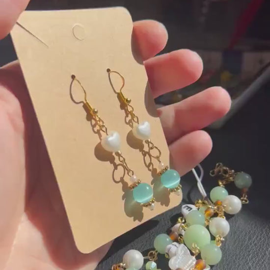 Gold Dangle Earrings with Pearl Hearts and Cat Eye Beads