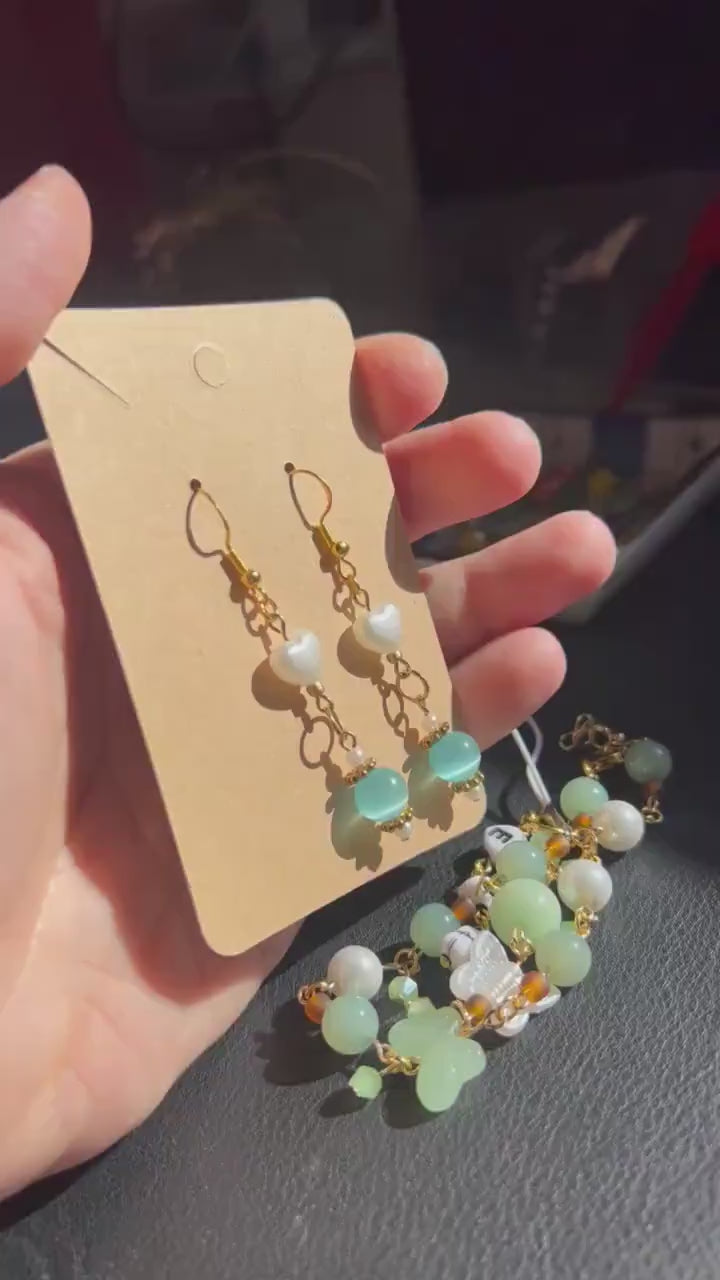 Gold Dangle Earrings with Pearl Hearts and Cat Eye Beads